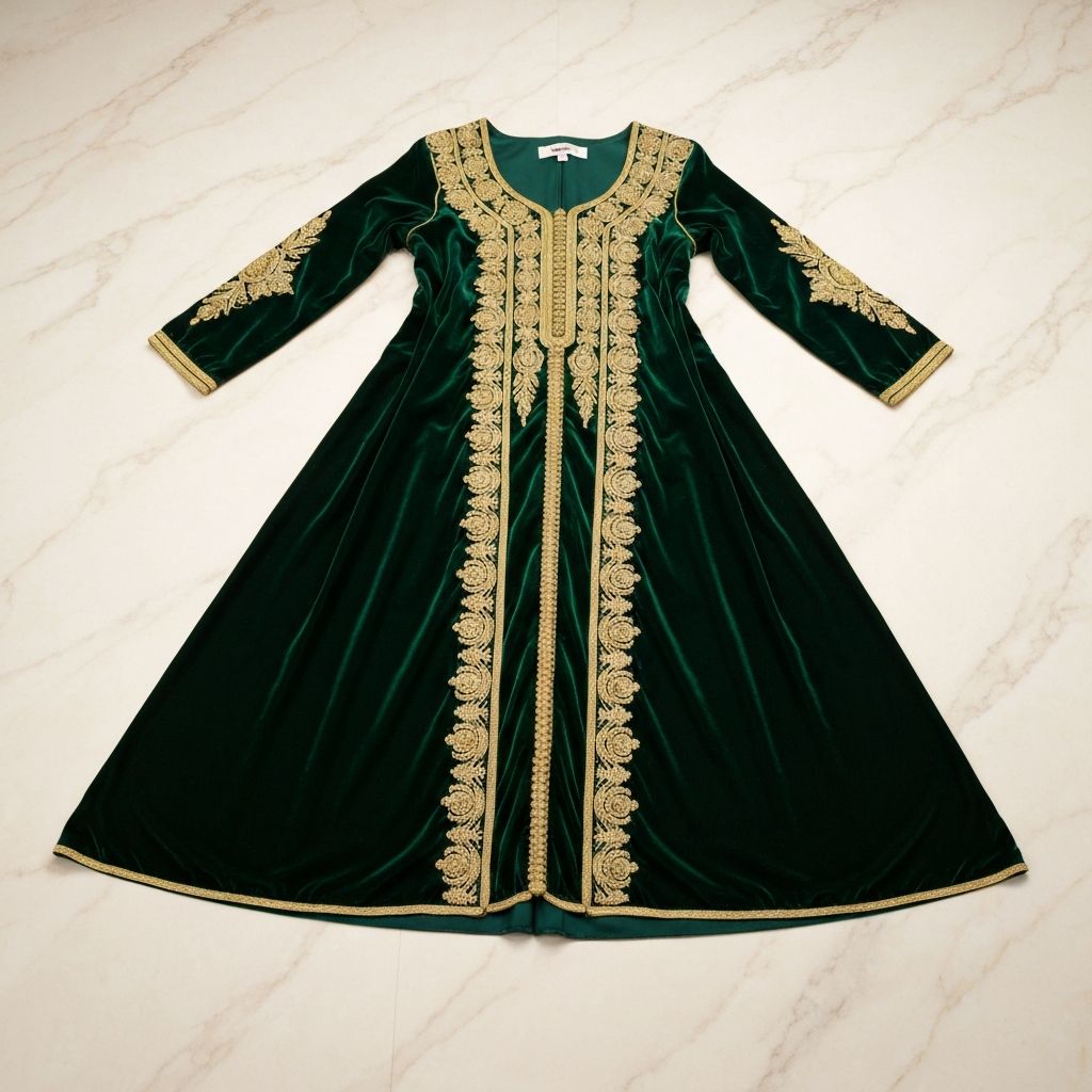 Kaftan Émeraude Royal — velours brodé sfifa dorée