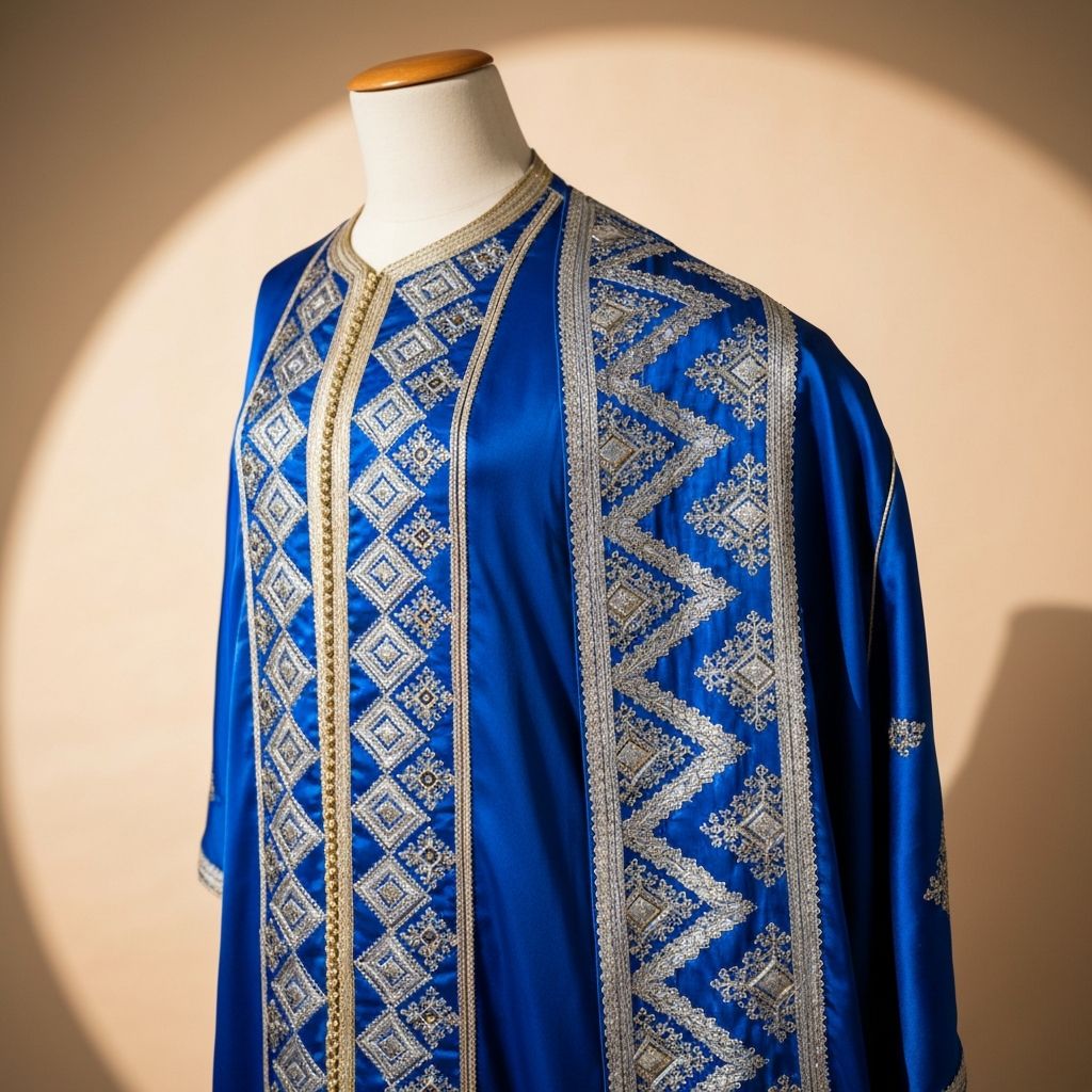Kaftan Bleu Majorelle — soie brodée argent et or