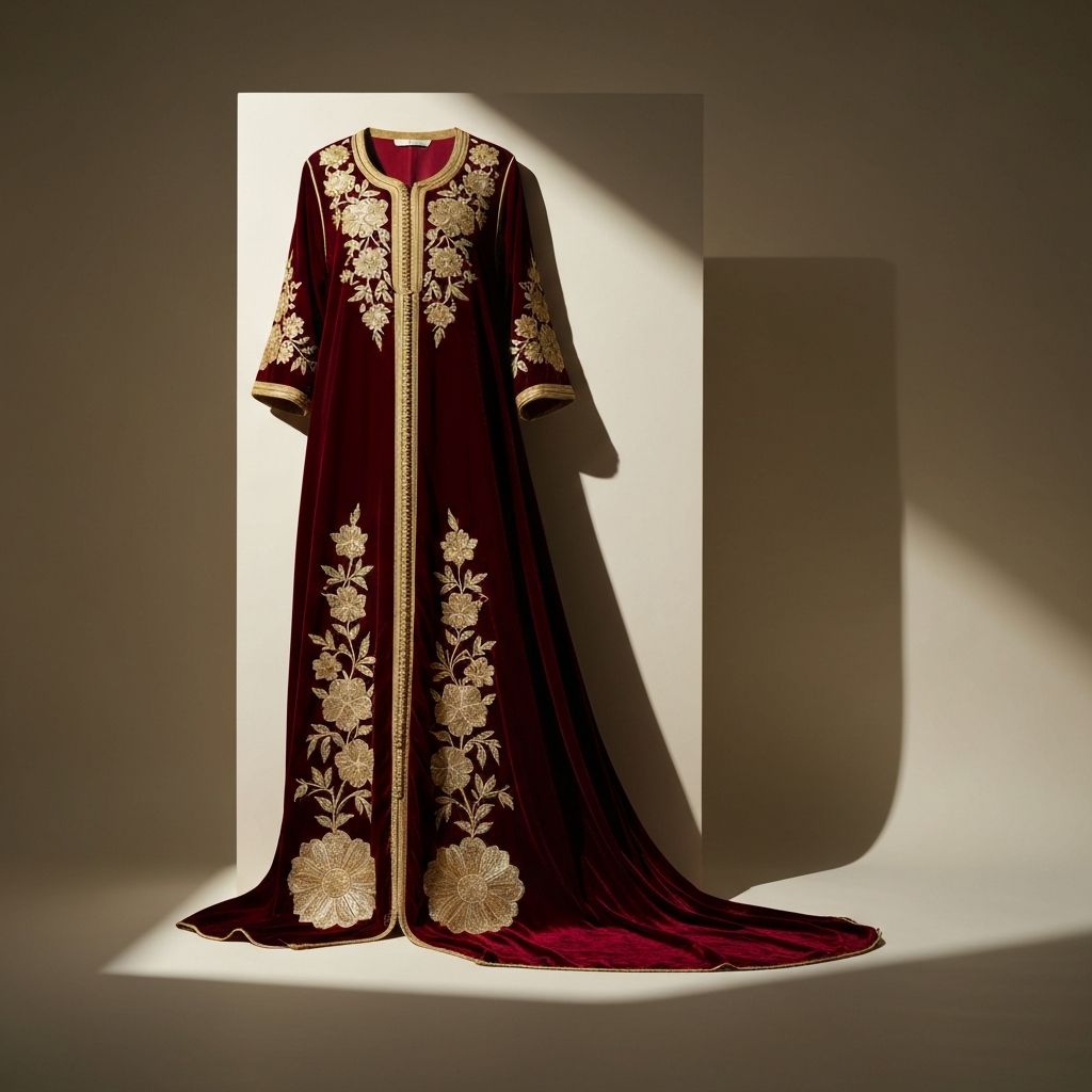 Kaftan Bordeaux Impérial — velours broderies florales